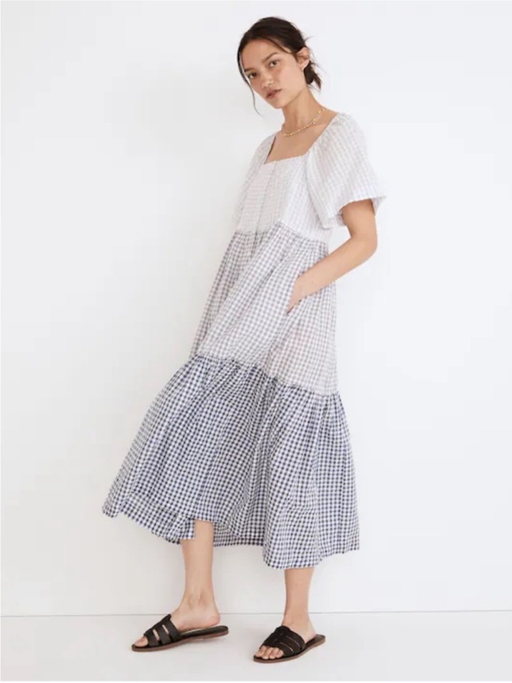 Madewell Patchwork Tiered Gingham Midi Dress Boho Cottagecore Size Medium NF866